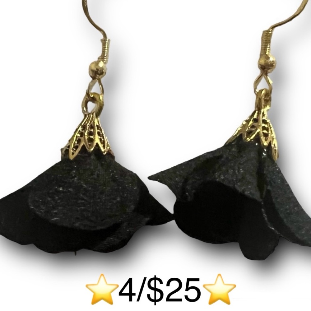 Handmade Black Flower Earrings w/Gold Plated S925 Sterling Silver Fishhook Backs